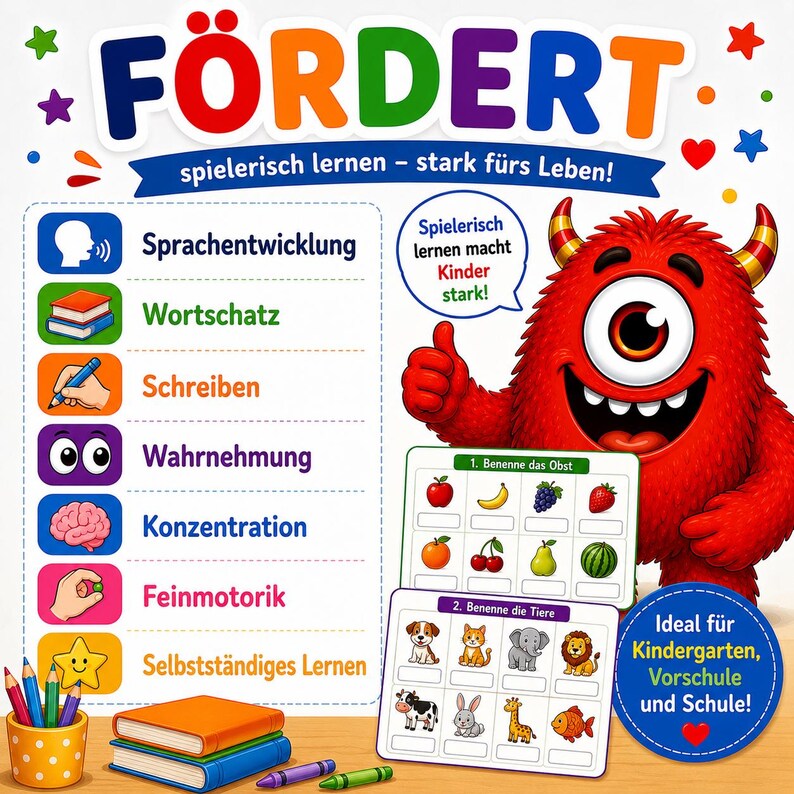 May include: A colorful educational poster titled F&Ouml;RDERT with a red one-eyed monster character. It features a list of developmental skills with icons, two activity cards showing fruit and animals, a cup of colored pencils, and stacked books.