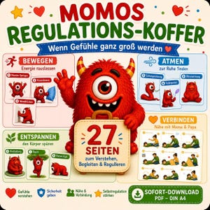 May include: A digital educational guide titled MOMOS REGULATIONS-KOFFER featuring a red one-eyed monster holding a suitcase labeled 27 SEITEN. The layout includes sections for BEWEGEN, ATMEN, ENTSPANNEN, and VERBINDEN with illustrations of exercises.