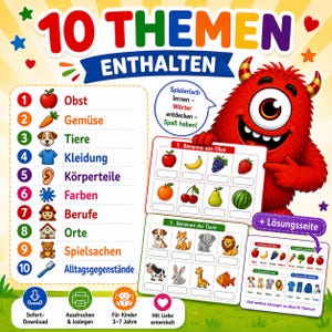 May include: An educational learning chart featuring a red monster and a list of 10 themes including fruit, vegetables, animals, clothing, body parts, colors, jobs, places, toys, and everyday objects, with interactive worksheets and solution pages.
