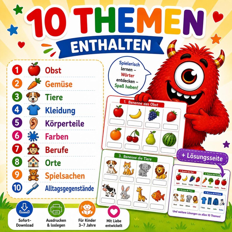 May include: An educational learning chart featuring a red monster and a list of 10 themes including fruit, vegetables, animals, clothing, body parts, colors, jobs, places, toys, and everyday objects, with interactive worksheets and solution pages.