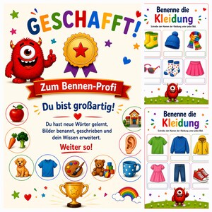 May include: An educational worksheet titled GESCHAFFT! featuring a red monster, a gold award badge, and various illustrations including an apple, vegetables, a puppy, clothing, and a trophy, alongside two smaller Benenne die Kleidung activity sheets.