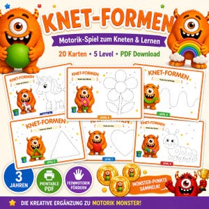 Puede incluir: Un conjunto de tarjetas de actividades imprimibles KNET-FORMEN con monstruos naranjas de un solo ojo, que incluye 20 tarjetas en 5 niveles para el desarrollo motor. Las tarjetas muestran contornos punteados de formas y animales.