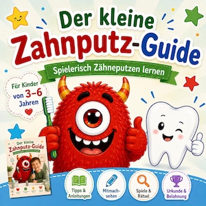Può includere: Una copertina di libro intitolata Der kleine Zahnputz-Guide con un mostro rosso con un occhio che tiene uno spazzolino verde e un dente bianco sorridente. Il testo indica per bambini dai 3 ai 6 anni, con icone per consigli, giochi e premi.