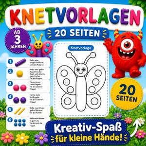 Puede incluir: Una colorida portada de libro de actividades titulada KNETVORLAGEN con 20 SEITEN, un monstruo rojo de un solo ojo y una ilustración de mariposa. Incluye una guía numerada de seis pasos para modelar arcilla, una mariposa morada y texto en alemán.