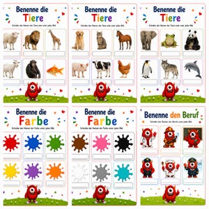 May include: A collection of six educational worksheets featuring colorful illustrations of animals, paint splatters, and cartoon characters in various professions. Each page includes the German text Benenne die Tiere, Farbe, or den Beruf.