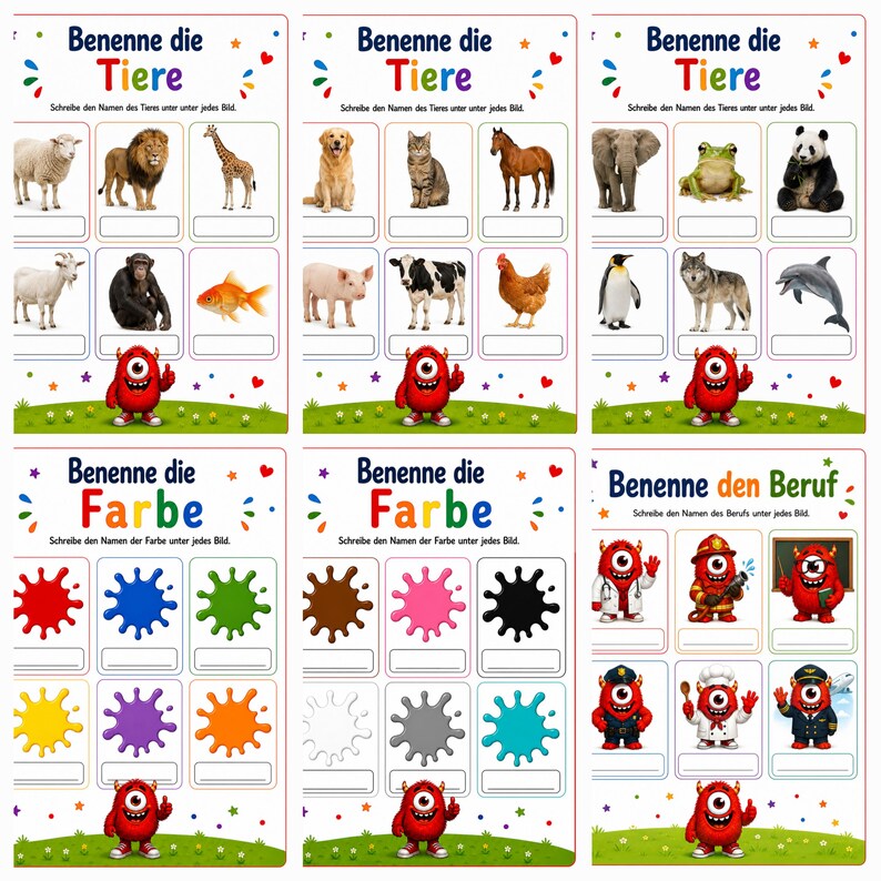 May include: A collection of six educational worksheets featuring colorful illustrations of animals, paint splatters, and cartoon characters in various professions. Each page includes the German text Benenne die Tiere, Farbe, or den Beruf.
