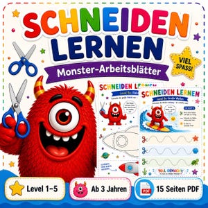 Könnte beinhalten: Ein digitales Lernset mit dem Titel SCHNEIDEN LERNEN Monster-Arbeitsblätter, das ein großes rotes einäugiges Monster mit blauer Schere zeigt. Das Set enthält 15 PDF-Seiten für Kinder ab 3 Jahren mit Übungen zum Schneiden von Raketen und Wellen.