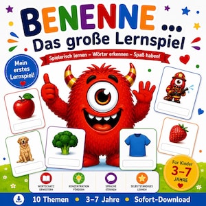 May include: A Benenne Das gro&szlig;e Lernspiel educational game box cover featuring a large red one-eyed monster with horns. The design includes colorful illustrations of an apple, a dog, broccoli, a t-shirt, a firefighter, and a strawberry with blank white boxes.