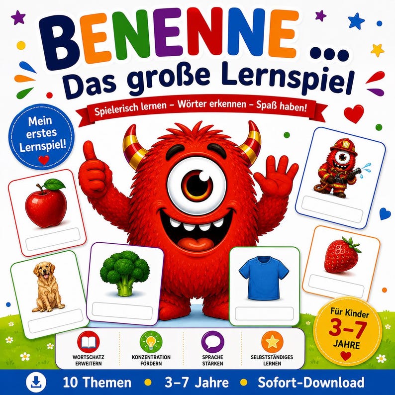 May include: A Benenne Das gro&szlig;e Lernspiel educational game box cover featuring a large red one-eyed monster with horns. The design includes colorful illustrations of an apple, a dog, broccoli, a t-shirt, a firefighter, and a strawberry with blank white boxes.