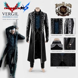 May include: A black long coat inspired by Vergil from Devil May Cry 5, featuring white embroidery on the sleeves, a blue textured vest insert, a high stand collar, silver buttons, and matching black trousers displayed on a mannequin.