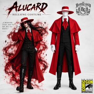Puede incluir: Un disfraz rojo y negro que incluye una gabardina roja larga con capa, un chaleco negro, pantalones negros, una corbata roja, guantes blancos con símbolos de pentagrama y un sombrero fedora rojo. El texto dice Alucard Hellsing Costume y The Bespoke Guild.