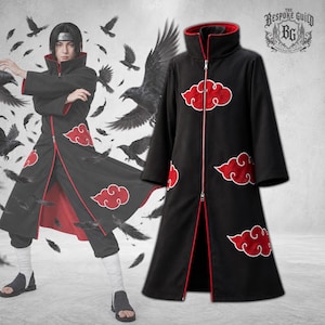 May include: A black long-sleeved coat featuring a high collar, a full-length front zipper, and red cloud-shaped appliques. The interior lining is red, and the garment is displayed alongside a person wearing an identical coat with raven imagery.