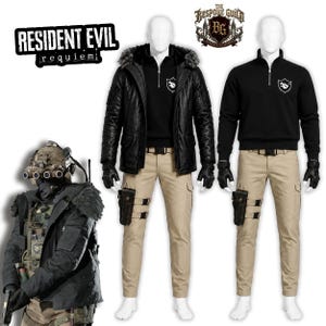 May include: A Resident Evil Requiem apparel set featuring a black jacket with a fur-lined hood, a black quarter-zip pullover with a shield logo, khaki cargo trousers with a leg holster, and a tactical vest with a multi-lens helmet and gear.