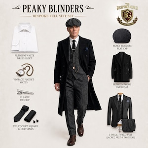 May include: A Peaky Blinders bespoke full suit set featuring a premium white dress shirt, vintage pocket watch, classic tie clip, tie, pocket square, cufflinks, flat cap, premium wool overcoat, and a 3-piece tweed suit. The set is designed for a classic, tailored look.