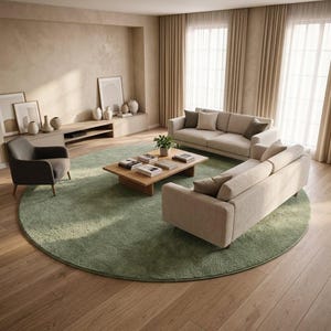 May include: A contemporary living room featuring a light green circular rug, two beige sofas, and a wooden coffee table. The room includes beige curtains, a grey armchair, and decorative vases. The flooring is wooden.