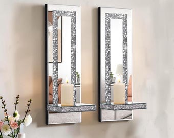Juego de 2 apliques de pared plateados con espejo y efecto diamante triturado para velas, decoración de pared glamurosa.
