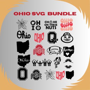 Puede incluir: Un paquete SVG de Ohio con varios diseños en negro, rojo y blanco. Incluye el contorno del estado, la palabra "Ohio" en diferentes fuentes y la frase "Choke on these nuts". También incluye un balón de fútbol americano y una mascota de dibujos animados.