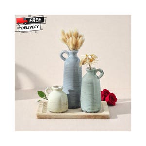ceramic vase set of 3 farmhouse decor neutral tones, rustic boho pampas vases for home styling, decorative vases with handle for shelf decor, modern farmhouse vase set for table centerpiece, terracotta vases for dried flowers and pampas grass, neutral ceramic vases for entryway table decor, flower vases set for living room shelf styling, boho chic ceramic vase set minimalist decor, rustic clay vases for home decoration ideas, decorative pampas vases for mantel styling, aesthetic neutral vases