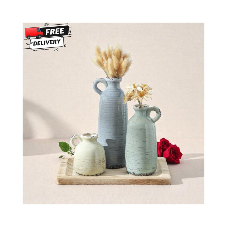 ceramic vase set of 3 farmhouse decor neutral tones, rustic boho pampas vases for home styling, decorative vases with handle for shelf decor, modern farmhouse vase set for table centerpiece, terracotta vases for dried flowers and pampas grass, neutral ceramic vases for entryway table decor, flower vases set for living room shelf styling, boho chic ceramic vase set minimalist decor, rustic clay vases for home decoration ideas, decorative pampas vases for mantel styling, aesthetic neutral vases