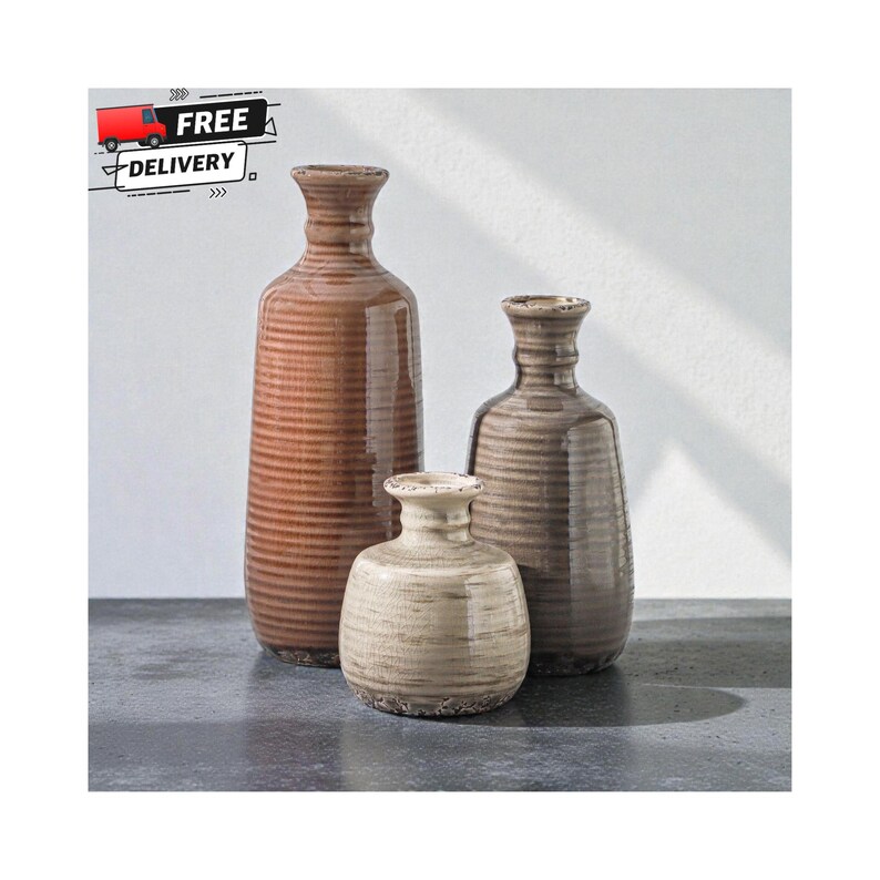 ceramic vase set of 3 farmhouse decor neutral tones, rustic boho pampas vases for home styling, decorative vases with handle for shelf decor, modern farmhouse vase set for table centerpiece, terracotta vases for dried flowers and pampas grass, neutral ceramic vases for entryway table decor, flower vases set for living room shelf styling, boho chic ceramic vase set minimalist decor, rustic clay vases for home decoration ideas, decorative pampas vases for mantel styling, aesthetic neutral vases