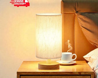 Small Bedside Lamp, Warm Wood Base, Linen Shade, Cozy Bedroom Decor