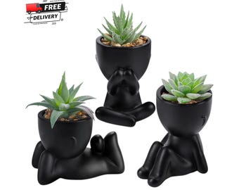 Set of 3 Black Faux Succulents in Human Pots, Modern Desk Decor