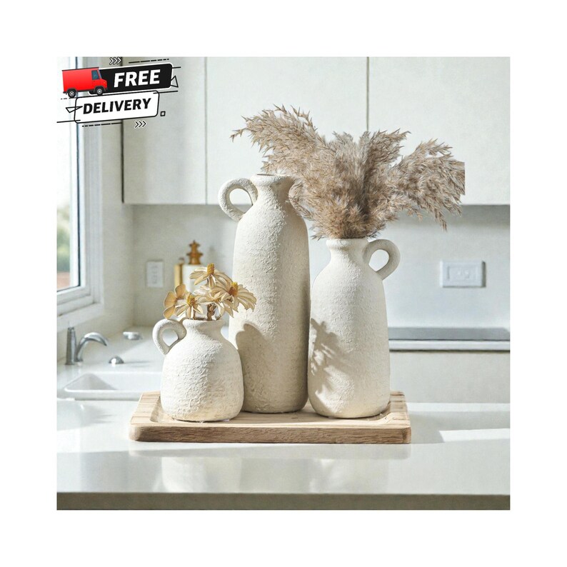 ceramic vase set of 3 farmhouse decor neutral tones, rustic boho pampas vases for home styling, decorative vases with handle for shelf decor, modern farmhouse vase set for table centerpiece, terracotta vases for dried flowers and pampas grass, neutral ceramic vases for entryway table decor, flower vases set for living room shelf styling, boho chic ceramic vase set minimalist decor, rustic clay vases for home decoration ideas, decorative pampas vases for mantel styling, aesthetic neutral vases