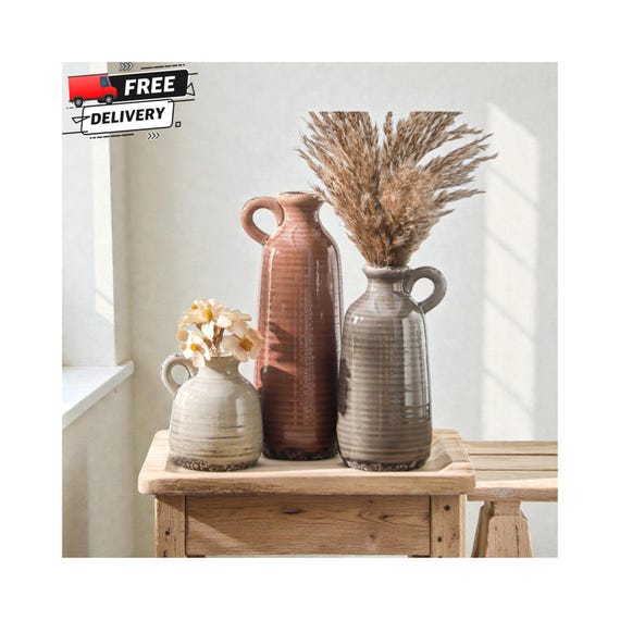Ceramic Vase Set of 3: Rustic Farmhouse Boho Neutral Home Decor