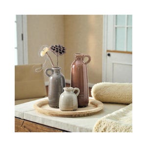 ceramic vase set of 3 farmhouse decor neutral tones, rustic boho pampas vases for home styling, decorative vases with handle for shelf decor, modern farmhouse vase set for table centerpiece, terracotta vases for dried flowers and pampas grass, neutral ceramic vases for entryway table decor, flower vases set for living room shelf styling, boho chic ceramic vase set minimalist decor, rustic clay vases for home decoration ideas, decorative pampas vases for mantel styling, aesthetic neutral vases