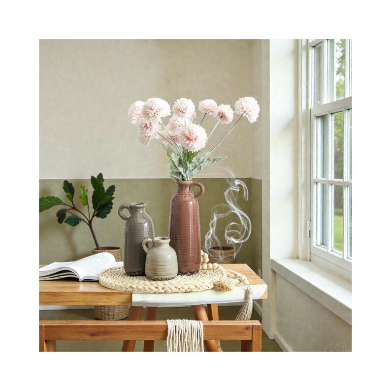 ceramic vase set of 3 farmhouse decor neutral tones, rustic boho pampas vases for home styling, decorative vases with handle for shelf decor, modern farmhouse vase set for table centerpiece, terracotta vases for dried flowers and pampas grass, neutral ceramic vases for entryway table decor, flower vases set for living room shelf styling, boho chic ceramic vase set minimalist decor, rustic clay vases for home decoration ideas, decorative pampas vases for mantel styling, aesthetic neutral vases