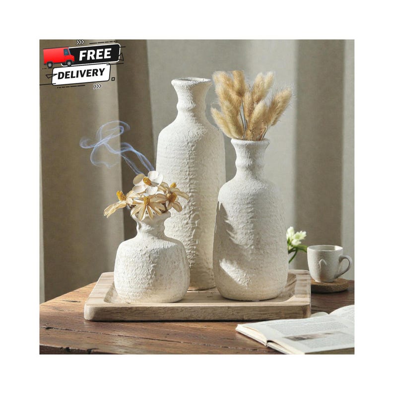 ceramic vase set of 3 farmhouse decor neutral tones, rustic boho pampas vases for home styling, decorative vases with handle for shelf decor, modern farmhouse vase set for table centerpiece, terracotta vases for dried flowers and pampas grass, neutral ceramic vases for entryway table decor, flower vases set for living room shelf styling, boho chic ceramic vase set minimalist decor, rustic clay vases for home decoration ideas, decorative pampas vases for mantel styling, aesthetic neutral vases