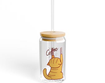 Cat Coffee Glass Cup with Lid and Straw