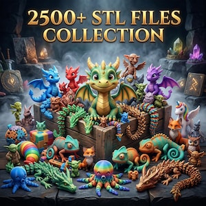 Puede incluir: Se muestra una colección de figuras de fantasía impresas en 3D, que incluyen dragones, camaleones y un unicornio. El texto "2500+ STL FILES COLLECTION" está en la parte superior. Las figuras están dispuestas sobre una caja de madera y una superficie de piedra.