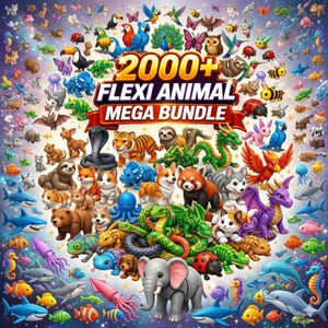 May include: A colourful image featuring a vast assortment of over 2000 flexi animal figures. The collection includes tigers, dogs, sharks, and dragons. The text "2000+ FLEXI ANIMAL MEGA BUNDLE" is displayed in the centre of the image.