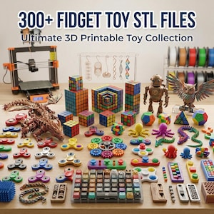 Könnte beinhalten: Eine Sammlung von 3D-gedruckten Fidget-Spielzeugen, darunter Spinner, Würfel und Puzzles, auf einer Holzoberfläche angeordnet. Das Bild zeigt einen 3D-Drucker, Filamentrollen und den Text "300+ FIDGET TOY STL FILES" und "Ultimate 3D Printable Toy Collection".