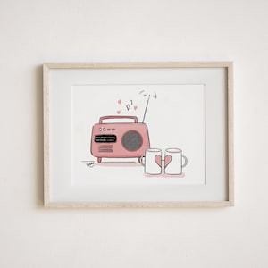 May include: A pink retro radio with a black label that says "Dave Wright's Sunday Love Songs" is playing music. Two white mugs with pink hearts are next to the radio. There are pink hearts and musical notes in the air.