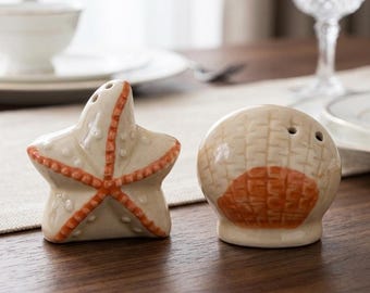 Starfish Ceramic Salt and Pepper Shakers, Coastal Kitchen Decor, Sea Life Seasoning Jars