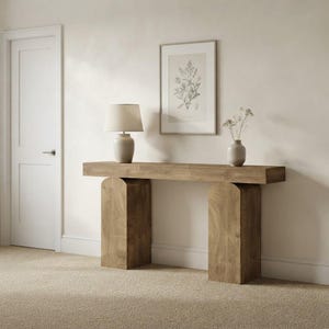 May include: A light brown wooden console table with two arched legs supporting a rectangular top. On the table sits a beige lamp with a cylindrical base and a white shade, alongside a small ceramic vase containing dried botanical stems.