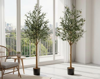 2pcs Artificial Olive Tree 5ft, Faux Indoor Plant in Pot, Home Living Room Decor