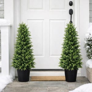 May include: Two green artificial topiary trees in black pots flank a white door. The trees have a conical shape and are placed on a stone patio. A brown doormat sits in front of the door, and snow is visible on the porch.