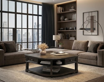Wooden Coffee Table with Storage Drawers, Charcoal Gray Living Room Table