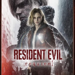 Puede incluir: Portada de la edición Deluxe de "Resident Evil: Requiem". La imagen muestra a una mujer sosteniendo una linterna, con un hombre en el fondo. El título es prominente, con el logo de Steam en la parte inferior.