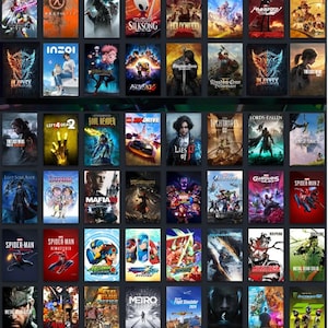 May include: A collection of video game box art, showcasing diverse game titles. The covers feature illustrations of characters, environments, and logos. Games include "Hell-Us", "Silksong", "Spider-Man", and "Metal Gear Solid". The designs vary in colour, with some using bright colours and others using darker shades.