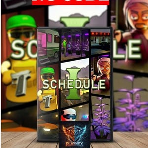 Può includere: Una custodia di gioco con la scritta "NOT A KEY NO CODE" in rosso. La custodia presenta un collage di immagini di cartoni animati, tra cui un camper verde, una persona con un cappello verde e un'auto. Il gioco si chiama "SCHEDULE I" e ha il logo PlayNex.