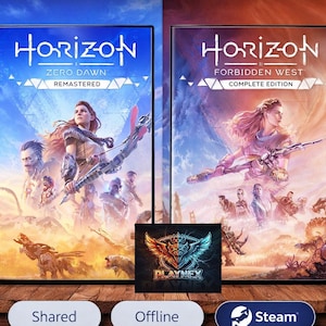 May include: Two video game cases side-by-side, featuring artwork of a woman with a bow and arrow. The left case reads "Horizon Zero Dawn Remastered" and the right case reads "Horizon Forbidden West Complete Edition". A logo in the center reads "PLAYNEX".