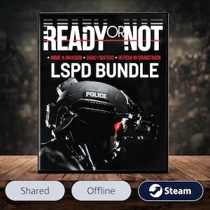 May include: A game box for "Ready or Not: LSPD Bundle" featuring a police officer in tactical gear. The title is in white with a red line through "OR". The bundle includes home invasion, dark waters, official soundtrack.