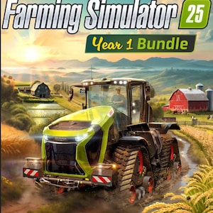以下が含まれることがあります： Farming Simulator 25 Year 1 Bundleのデジタルゲームカバー。黒いクローラーを備えたライムグリーンのトラクターが泥だらけの畑を走行している様子が描かれています。背景には赤い納屋、家、遠くの丘に昇る朝日が見える田園風景が広がっています。
