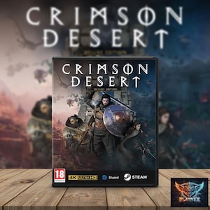 Puede incluir: Caja del videojuego "Crimson Desert Deluxe Edition" con un guerrero con espada y escudo. El título es blanco, con los logotipos de clasificación, 4K Ultra HD y Steam. El fondo es una imagen borrosa de un paisaje.
