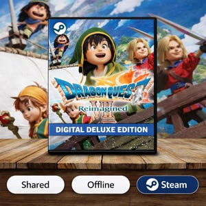 Może przedstawiać: Pudełko z grą wideo Dragon Quest VIII: Reimagined, Digital Deluxe Edition, z postaciami z kreskówek i logo Steam. Pudełko stoi na drewnianej powierzchni z napisami "Shared" i "Offline" na przyciskach.