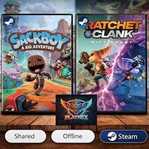 May include: Two video game cases, "Sackboy A Big Adventure" and "Ratchet & Clank: Rift Apart", are displayed on a wooden surface. A "PlayNex" logo is centered below the games. Buttons labeled "Shared", "Offline", and "Steam" are at the bottom.